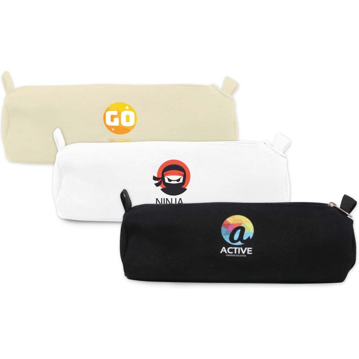 Three canvas pencil cases in cream, white, and black, each featuring a logo or design on the front.