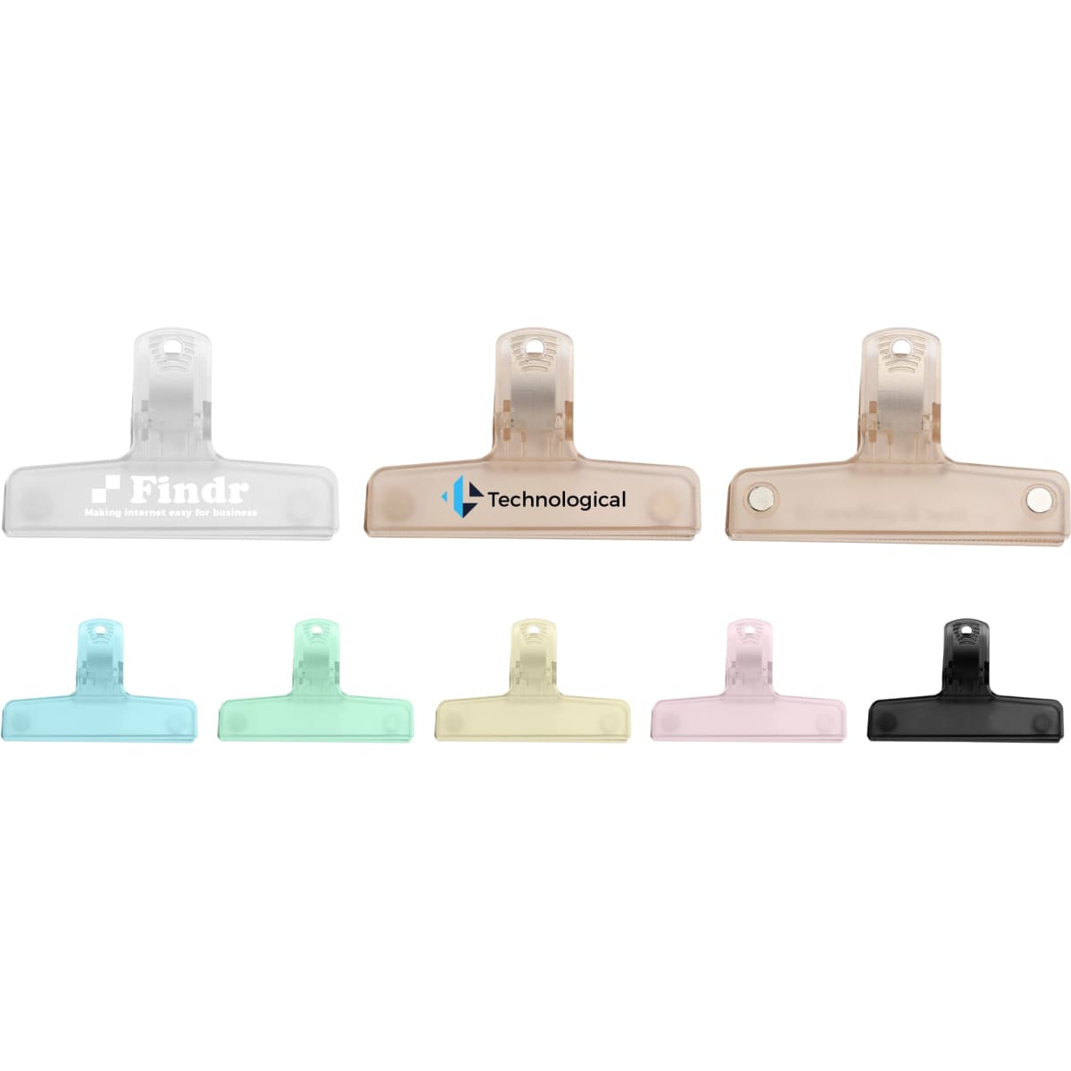 A range of translucent plastic magnetic clips in clear, green, blue, pink, and black with various logos.