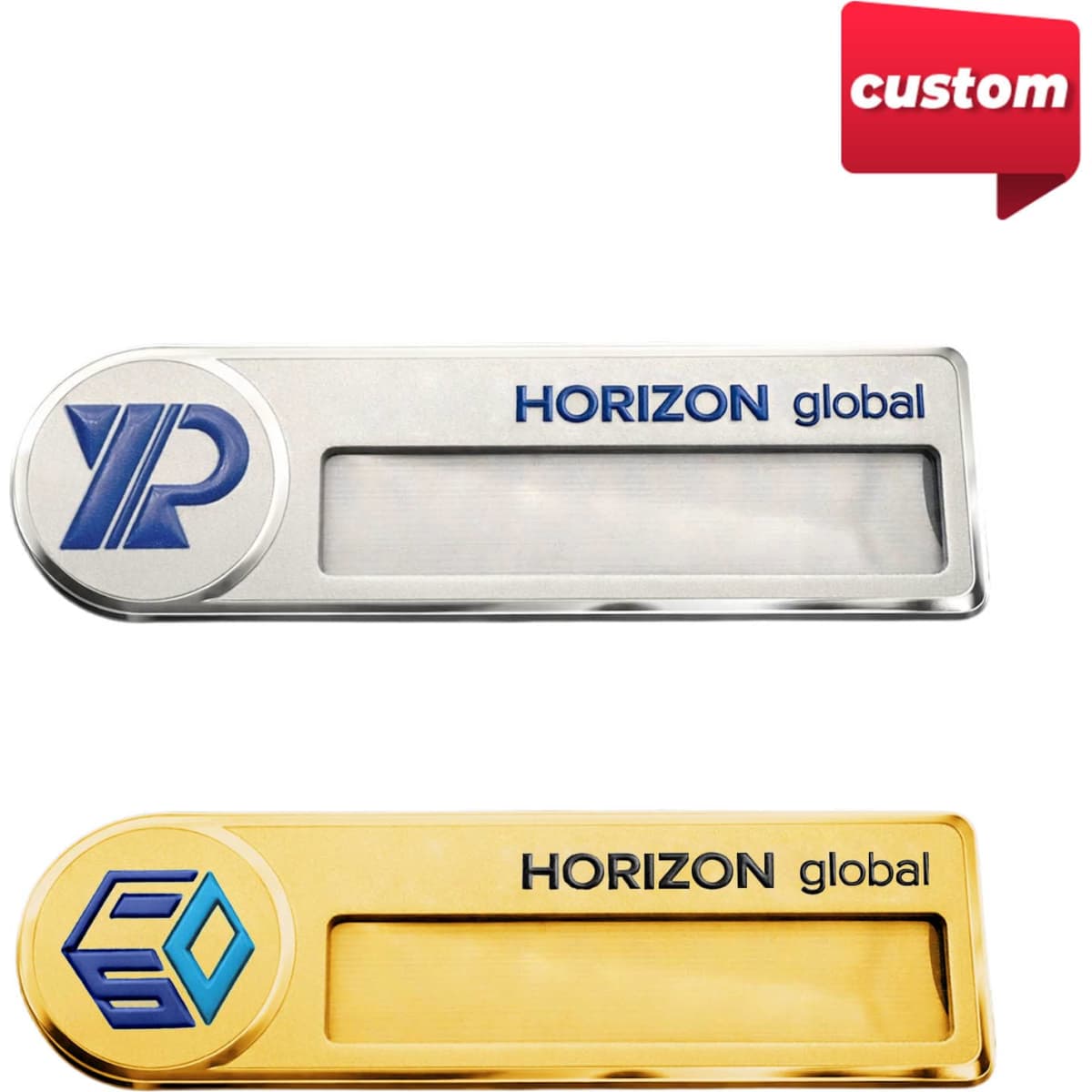 A silver and a gold custom reusable metal name badge with logos and clear name sections.