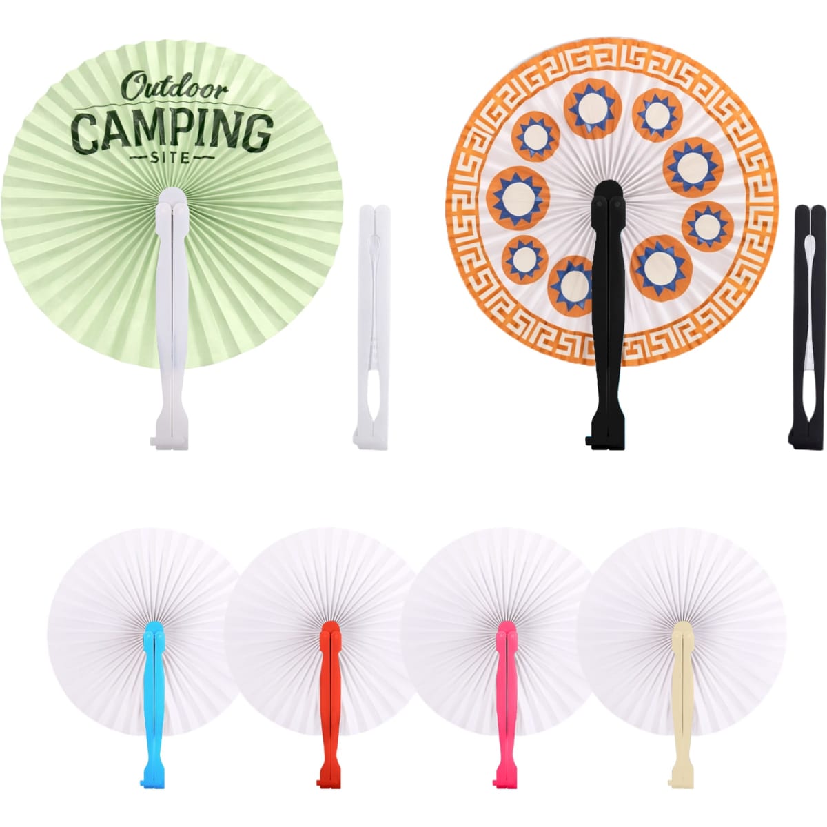 Round plastic paper fans in various colours, featuring green, white, black, and orange designs with different patterns.