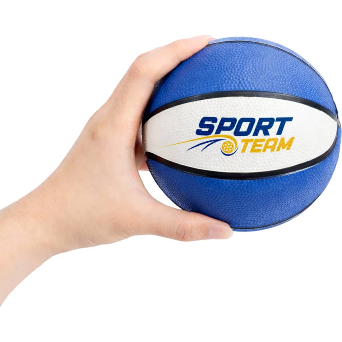 A blue mini basketball held in a hand, featuring a white stripe and a logo.