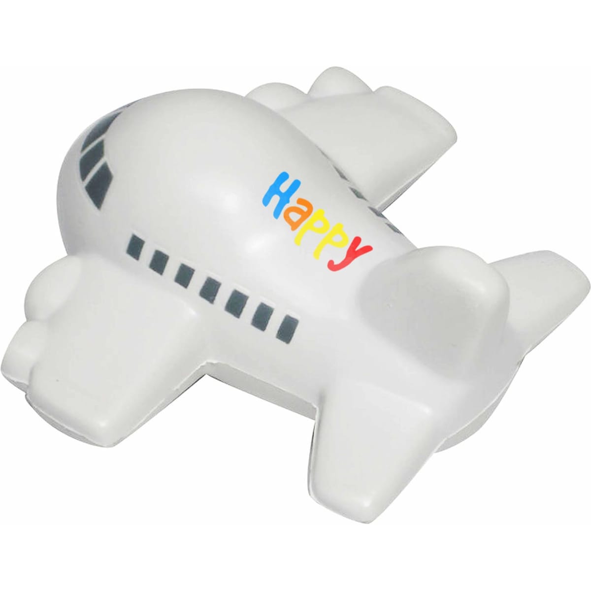 A white aircraft-shaped stress reliever with multi-coloured lettering and detailing resembles an airplane.