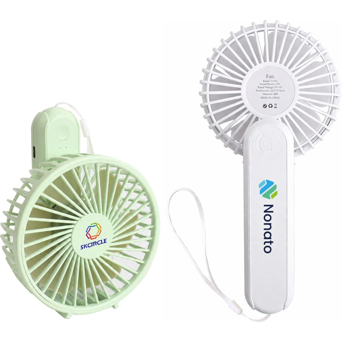 A foldable USB handy fan in light green and white, featuring branding logos on the fan's surface.