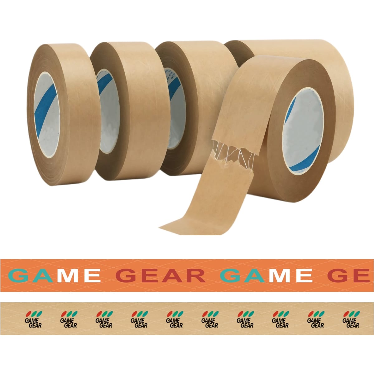 Self-adhesive reinforced kraft paper tape in brown, featuring a logo and a decorative printed design.