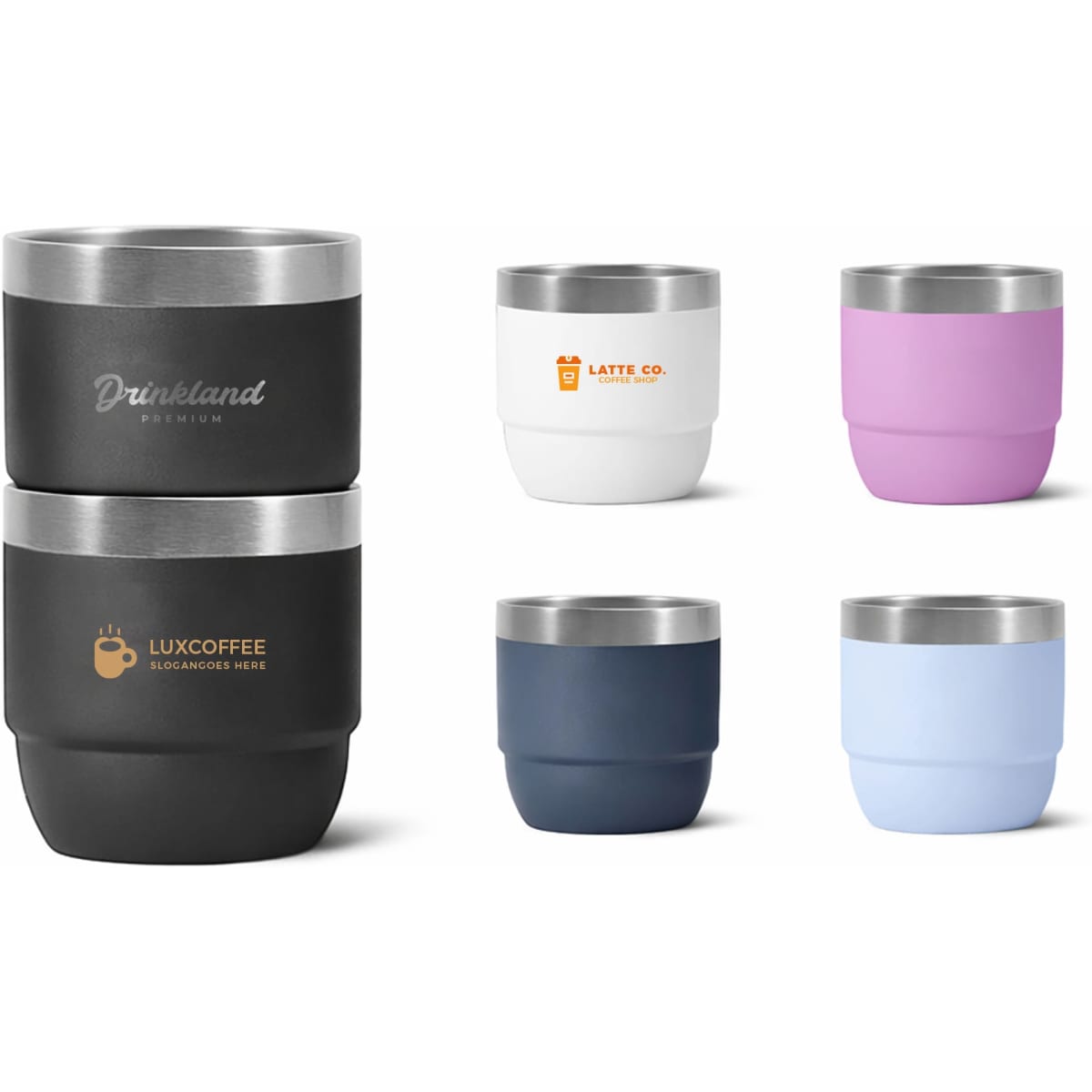 A stackable stainless steel tumbler set in black, white, pink, navy, and light blue with logos on some tumblers.