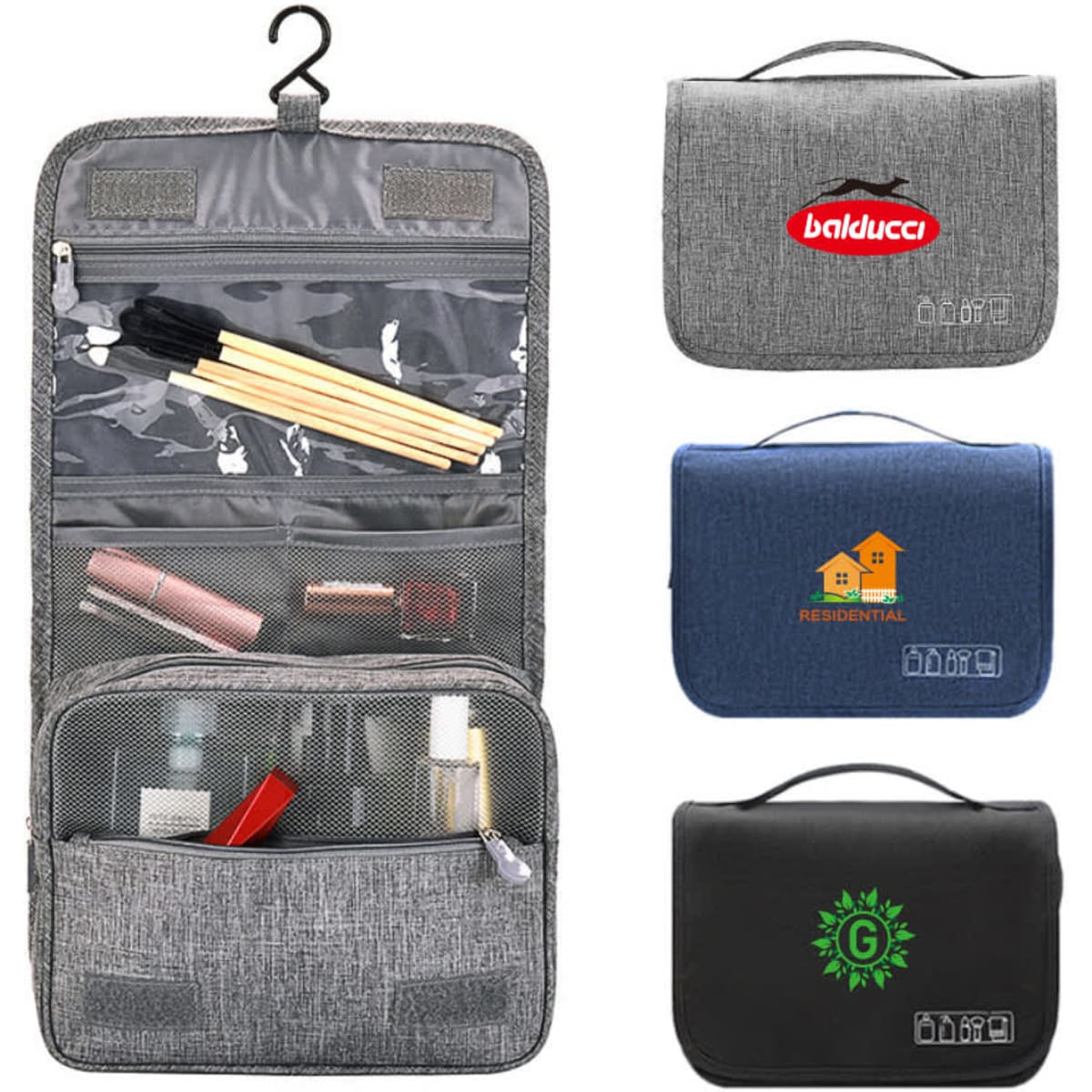 A grey travel hanging toiletry bag with multiple compartments, featuring mesh pockets and a hanging hook.