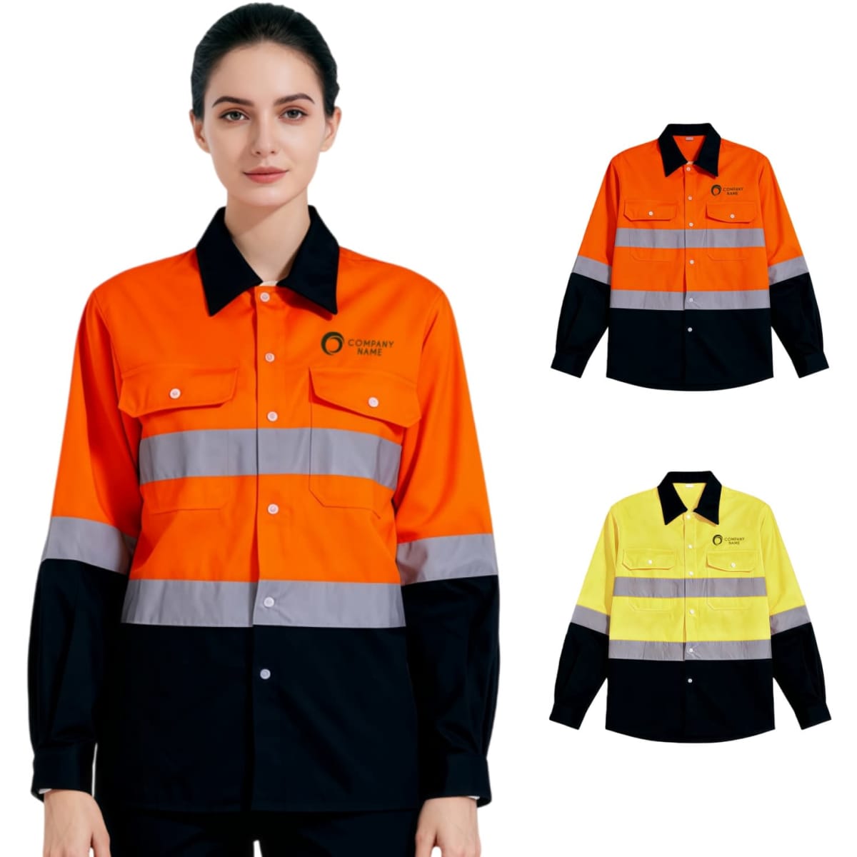 A unisex cotton hi-vis reflective long-sleeve shirt in orange and black, and a yellow and black variant, featuring branding.