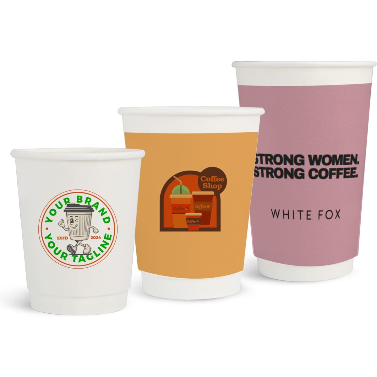 Three paper cups of varying sizes and designs, featuring light colours, with logos and printed graphics.