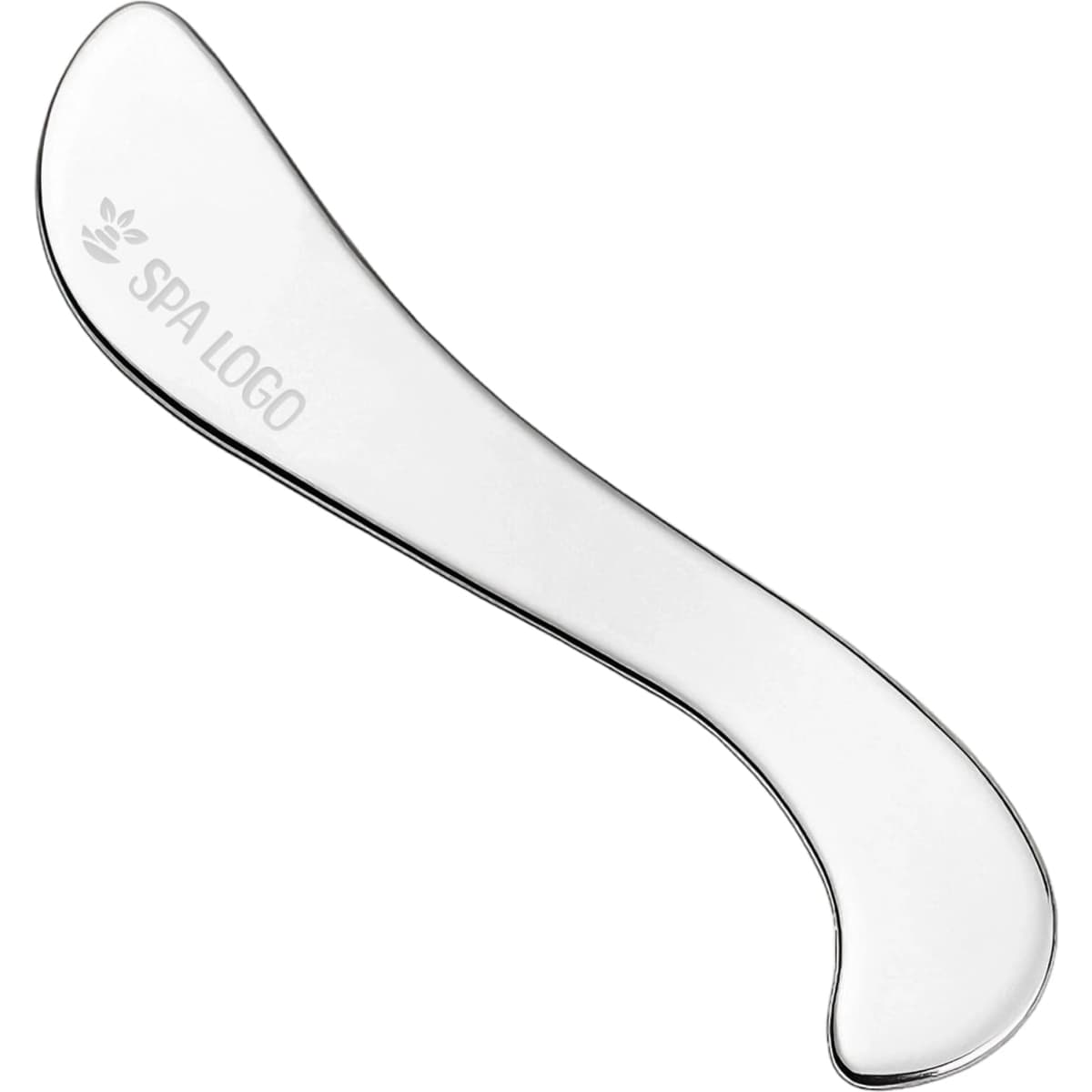 A clear, curved facial Gua Sha massage tool with a smooth surface, featuring a logo.