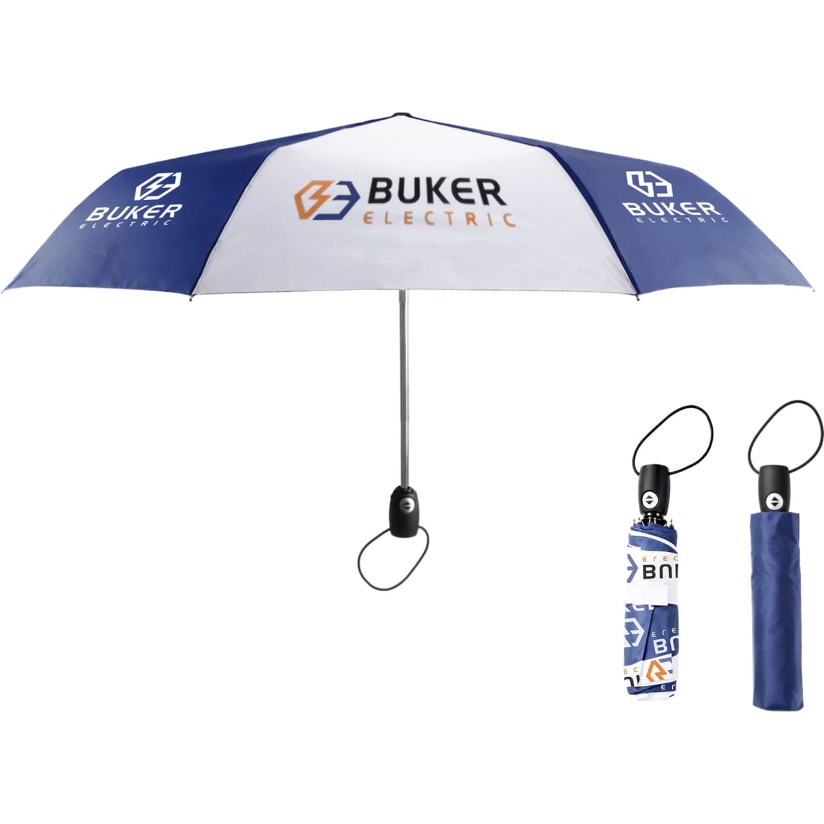 A 21'' automatic open and close umbrella in blue and white, featuring a logo and a compact design for easy carrying.