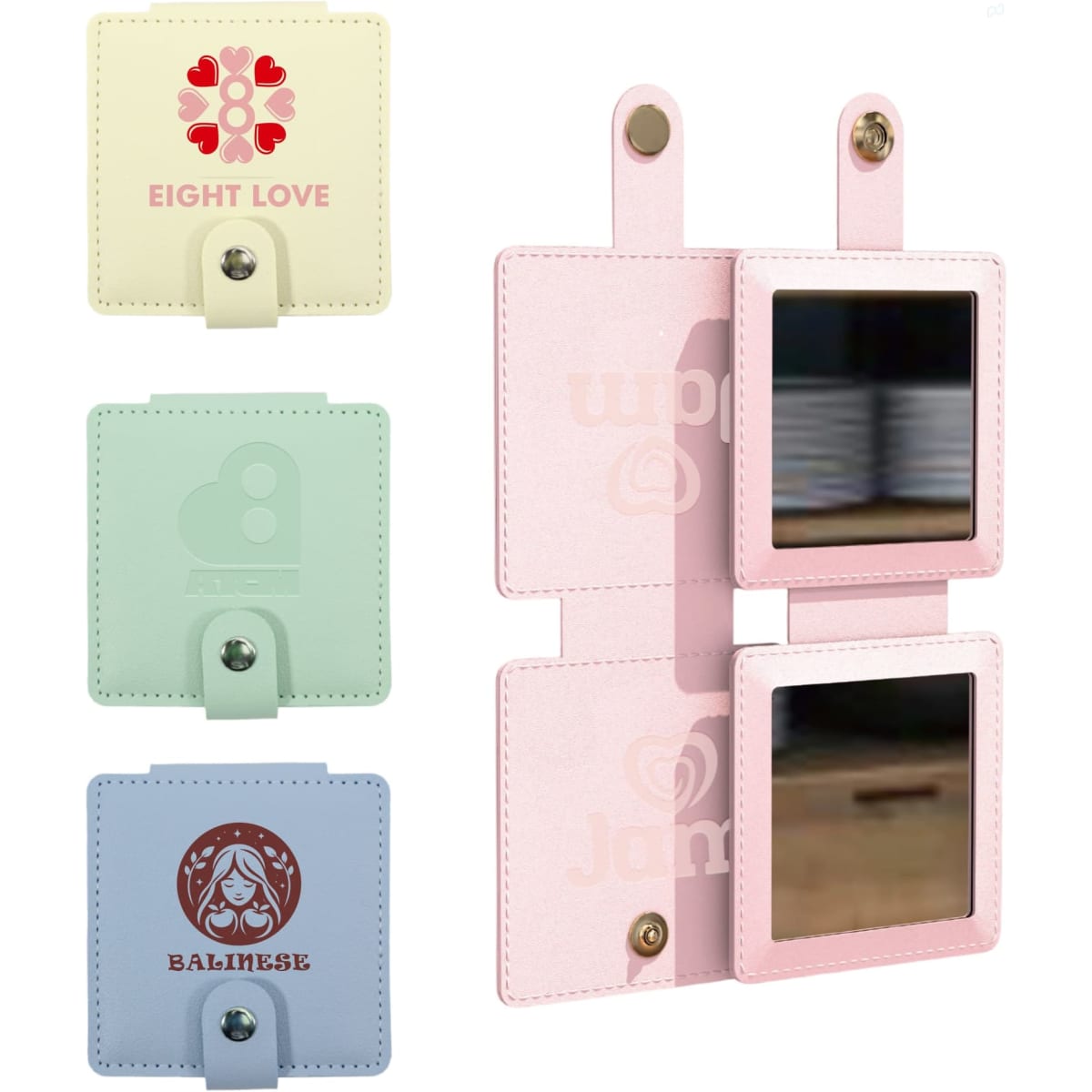 A square folding pocket mirror in pastel pink, with additional mirrors in mint green and light blue. Features a logo.