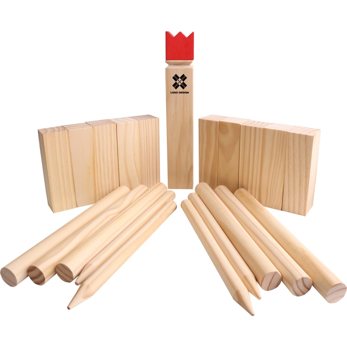 A Premium Wooden Kubb Set featuring natural wood blocks and pins, including a crown-topped king piece.