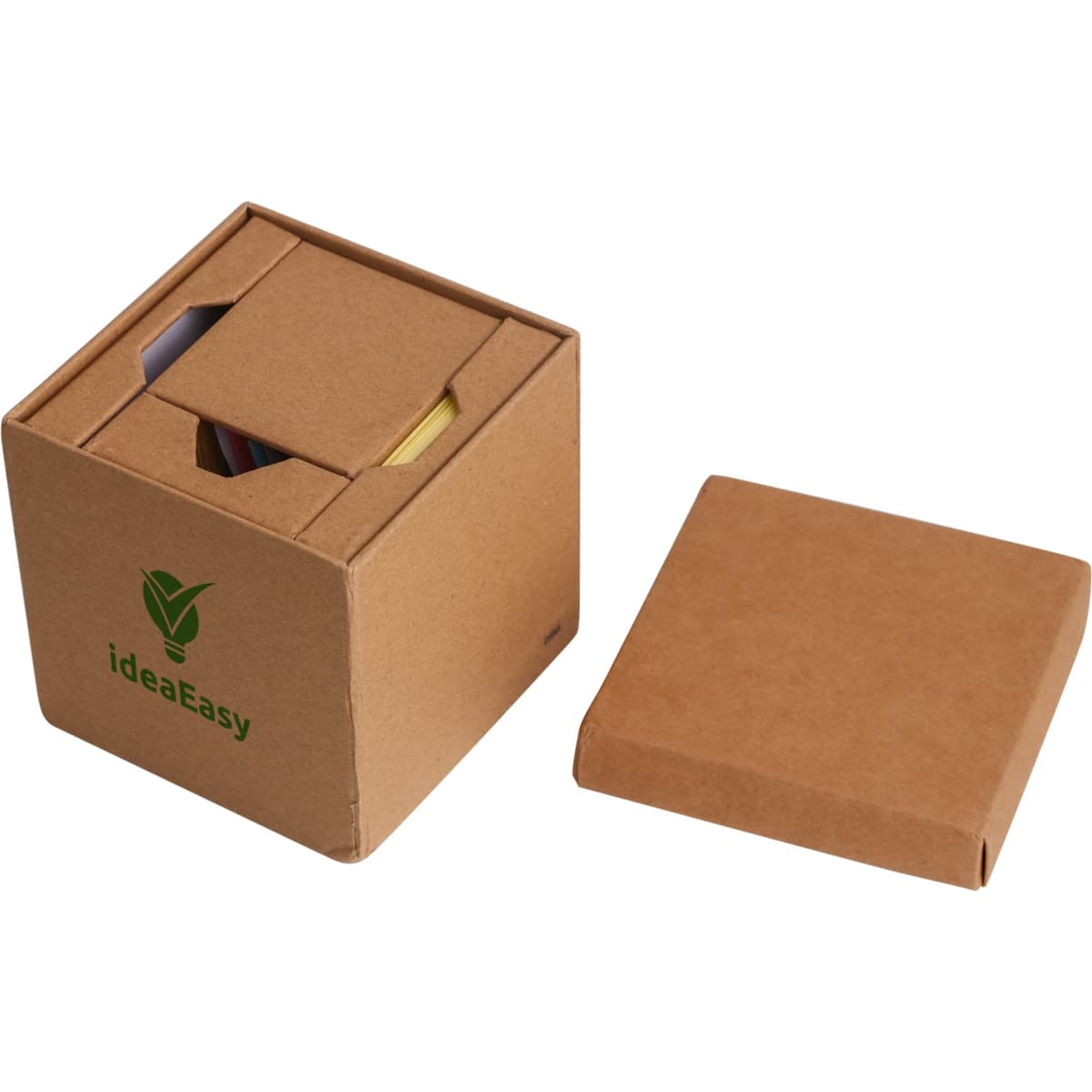 A brown cube sticky note memo holder with different coloured sticky notes inside, featuring a logo on the side.