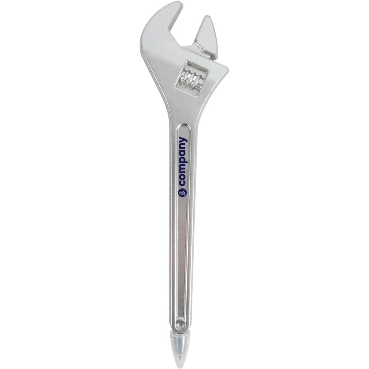A silver ballpoint pen shaped like a spanner, featuring a logo on the side.