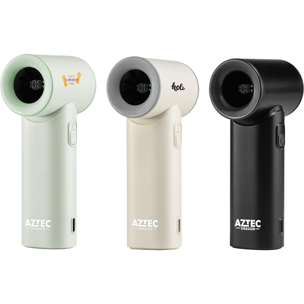 A collection of three portable handheld fans in mint green, cream, and black, each with a distinctive logo.