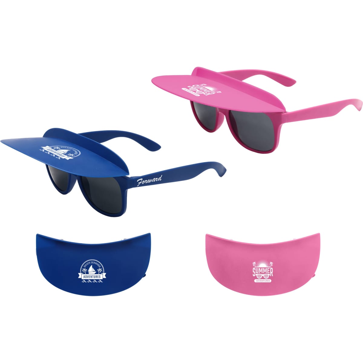 A pair of flip-up visor sunglasses in blue and pink, each featuring a logo. The glasses have dark lenses and wide brims.
