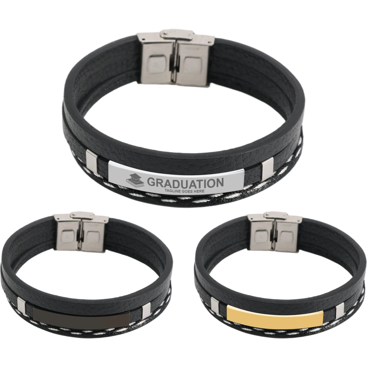Three braided leather bracelets in black with silver, gold, and white accents, featuring a logo on one.