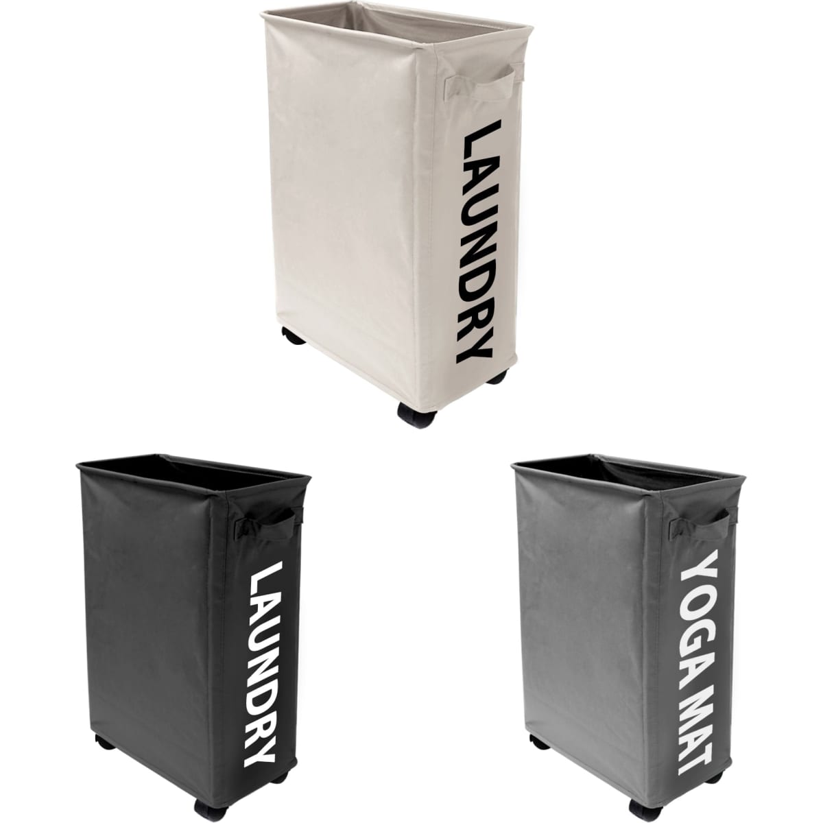 A laundry basket with wheels in white and black, labelled 'LAUNDRY' and 'YOGA MAT', featuring a logo.