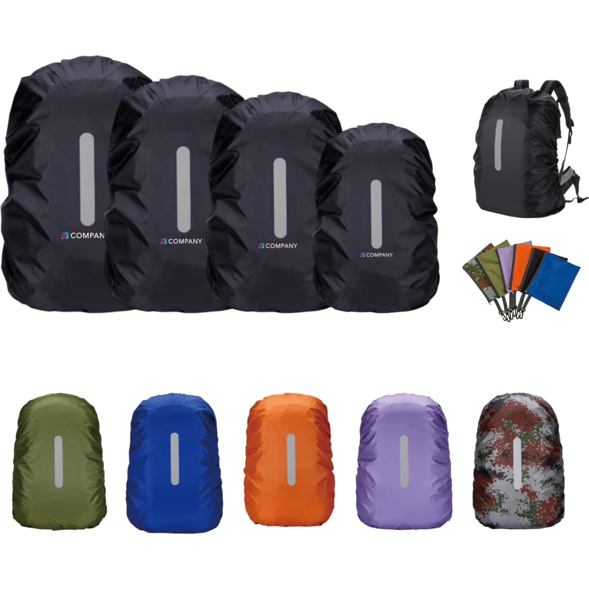 A set of reflective backpack rain covers in various colours, including black, green, orange, purple, and camouflage.