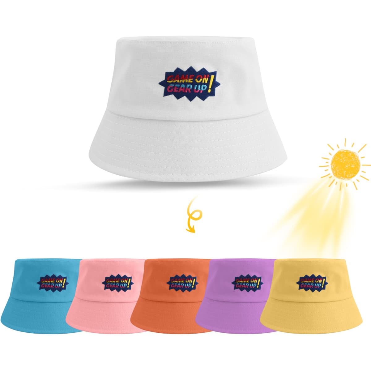 A colour-changing bucket hat in white with a logo, surrounded by pink, peach, purple, and blue variants.