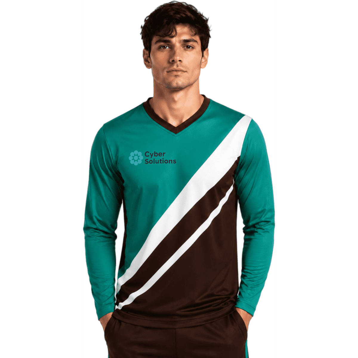 A unisex long-sleeve sports jersey in teal and brown, featuring a logo on the front.