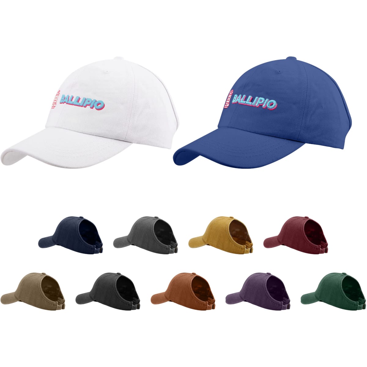 A collection of caps in various colours, including white, navy, dark grey, brown, and burgundy, featuring a logo.
