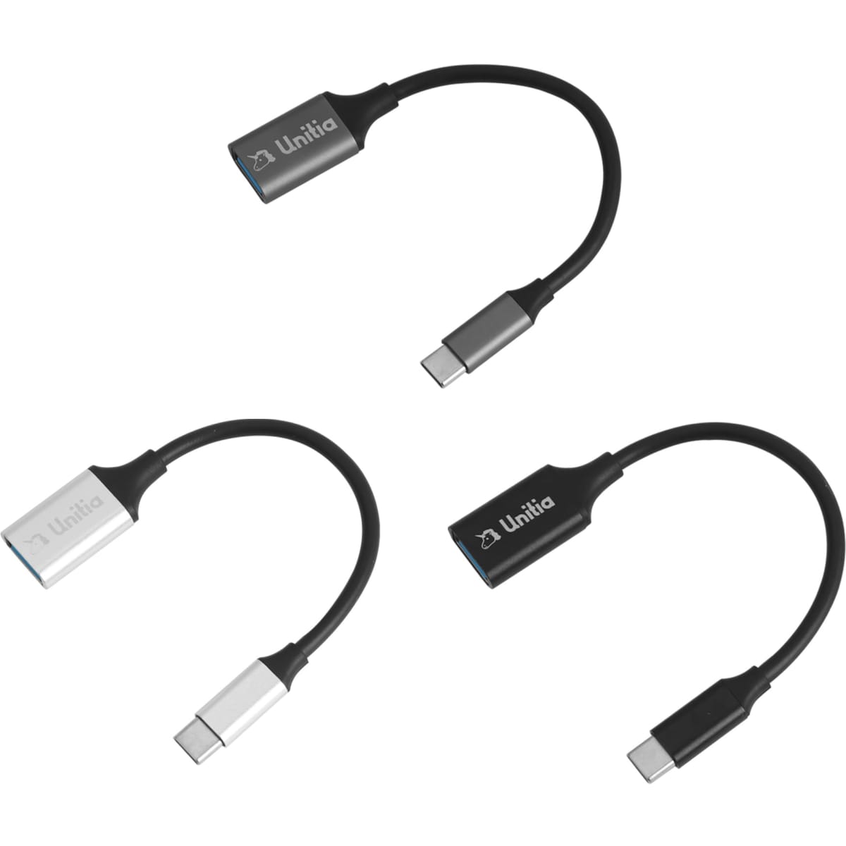 A collection of three USB 3.0 to USB C OTG adapters in silver and black, each with a logo.