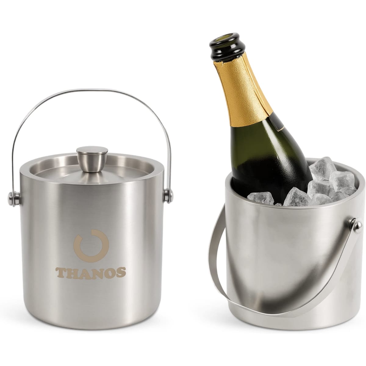 A stainless steel ice bucket with a bottle and ice inside. It features a handle and a logo on the front.