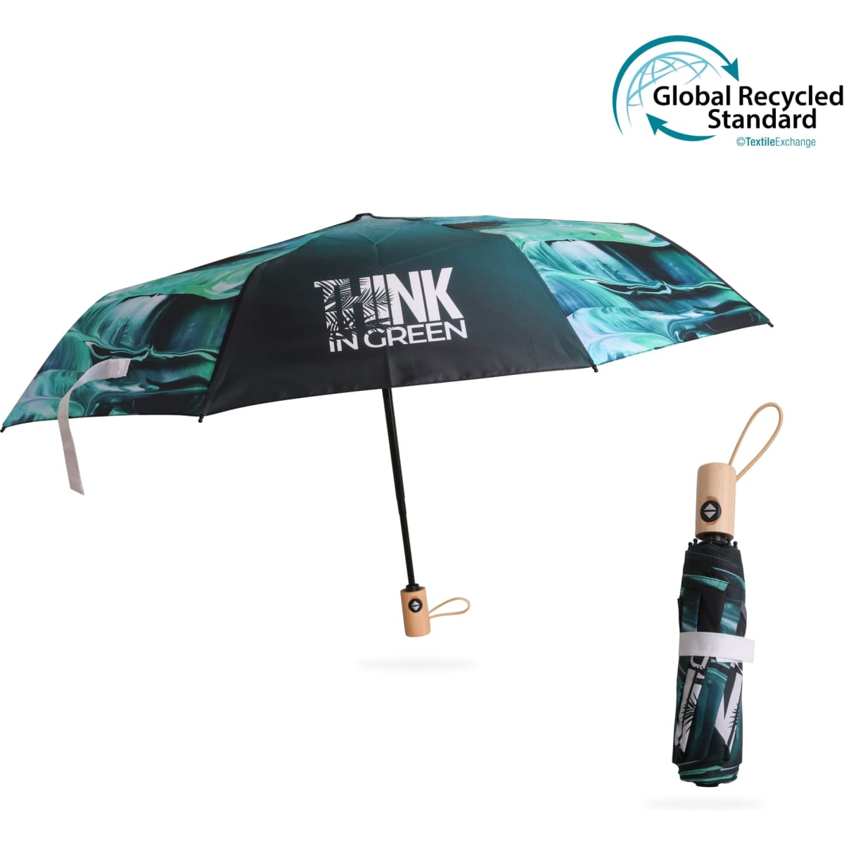 A triple folding umbrella in green and black with an automatic open and close feature, featuring a logo.