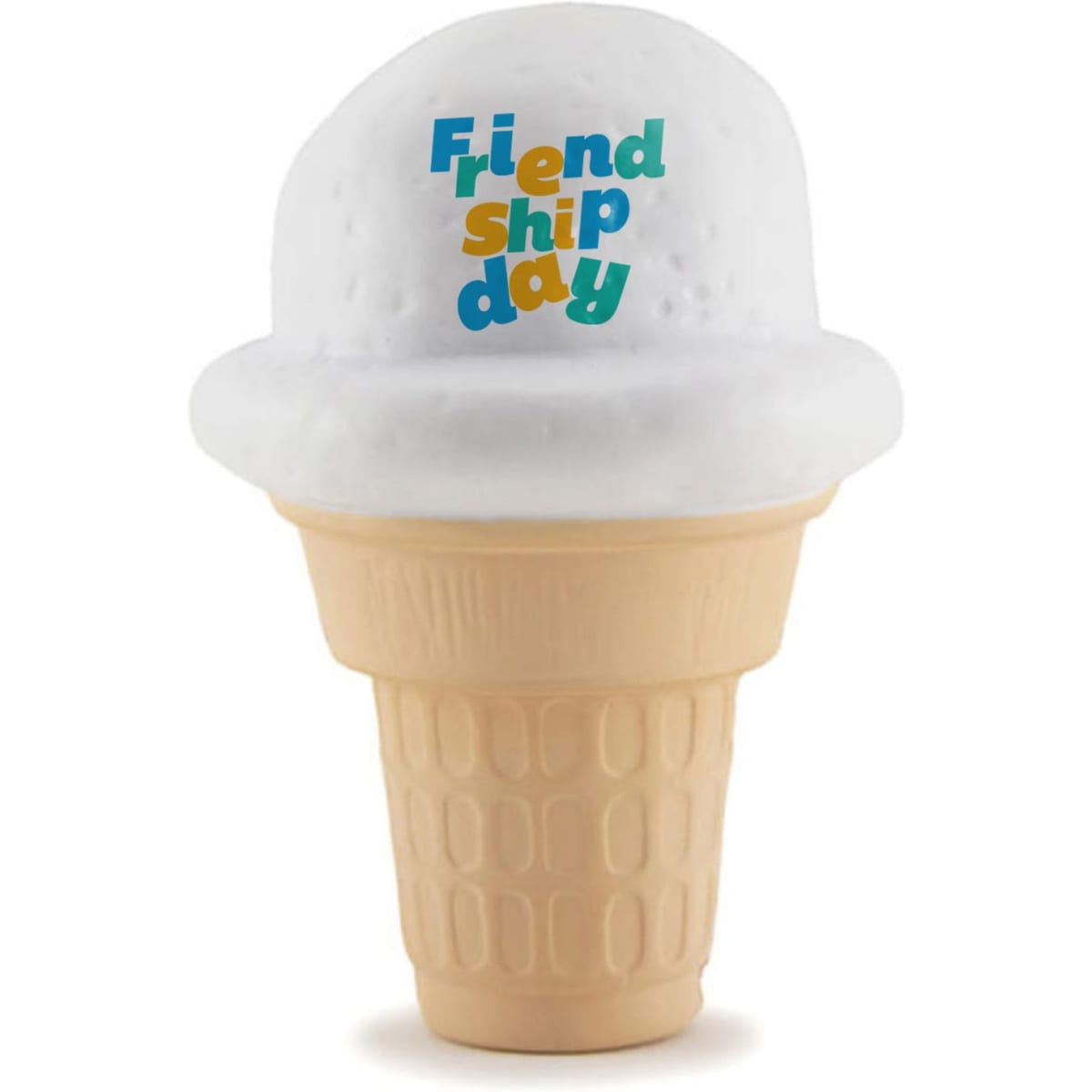 A white ice cream scoop sits atop a beige cone, featuring a logo with colourful text.