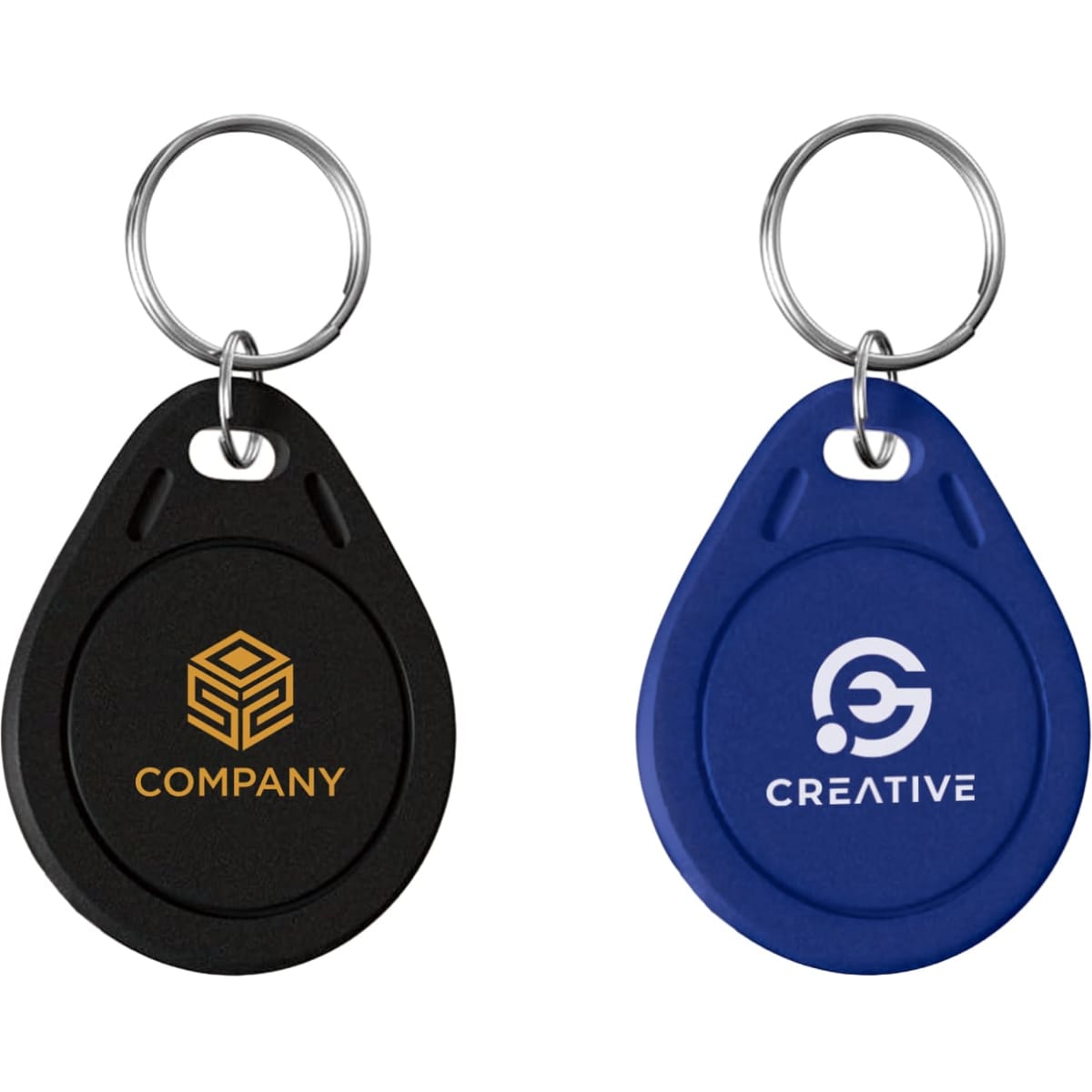 NFC keytags in black and blue, each with a keyring and featuring a logo on one side.