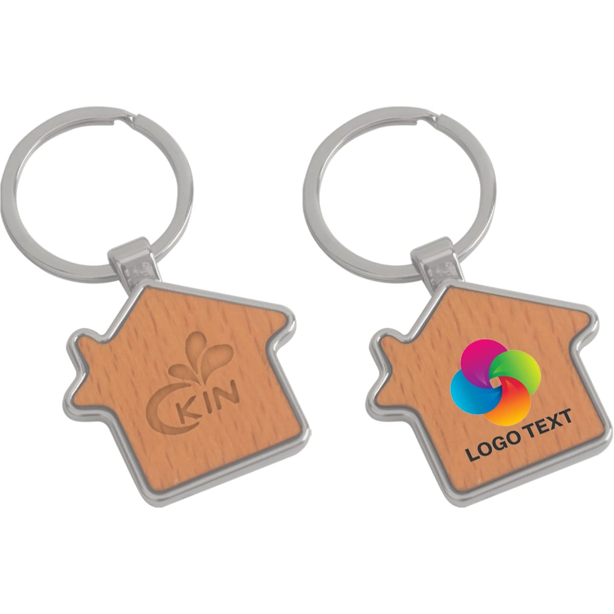 A wooden house-shaped keyring with a silver keyring attachment, featuring a logo and a smooth wood finish.