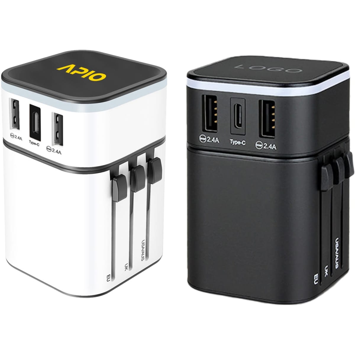 A travel adapter in white and black, featuring multiple USB ports and a compact design, with logos on both units.