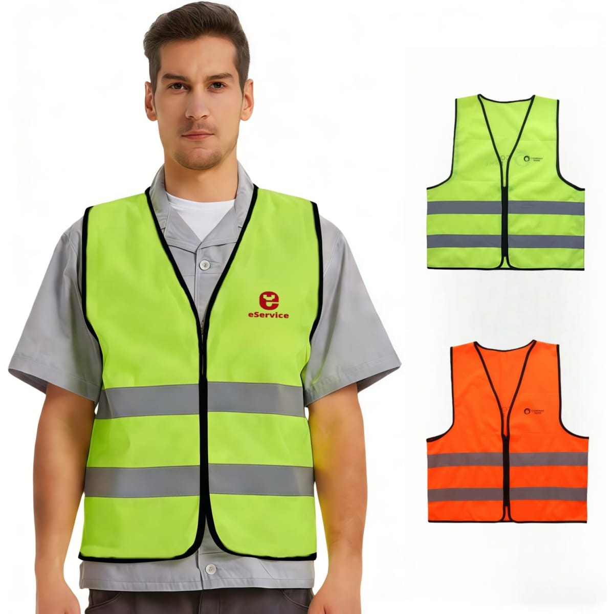 A unisex classic hi-vis vest in bright yellow and orange, featuring horizontal reflective tape and a logo.