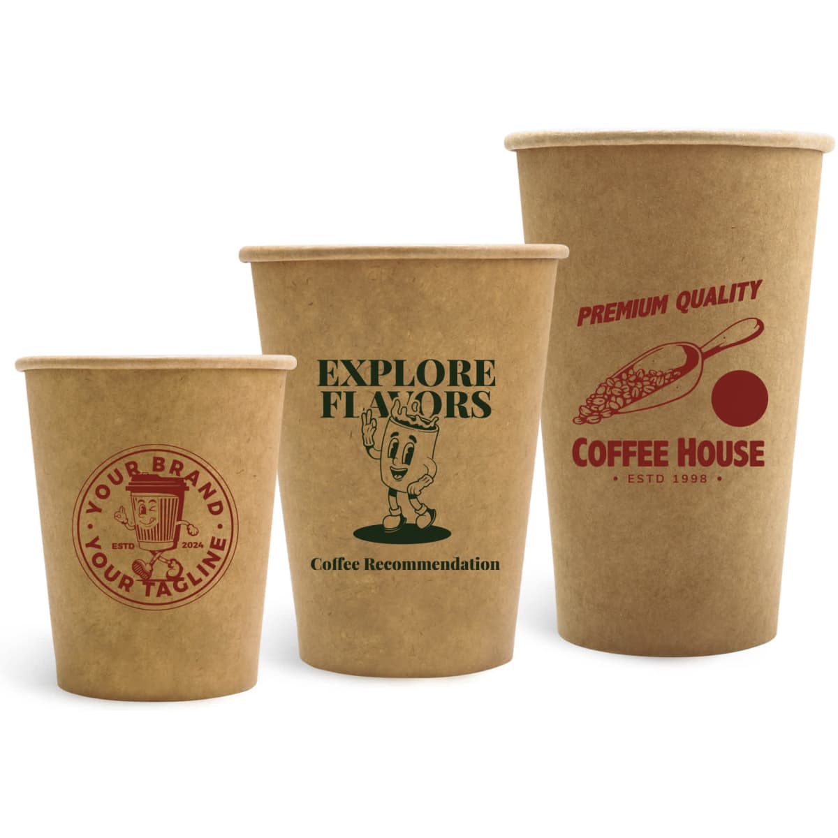 A set of three brown kraft paper cups, featuring various designs and a logo on each cup.