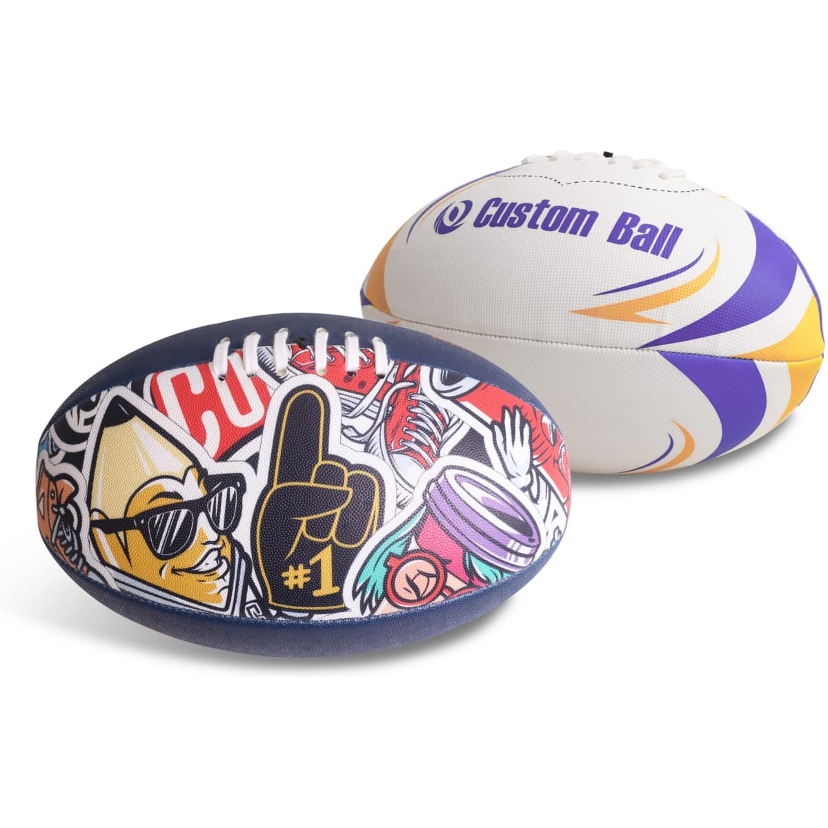 Two Australian Rules footballs, one featuring a vibrant graphic design with multiple colours, and the other in white with purple and yellow accents.