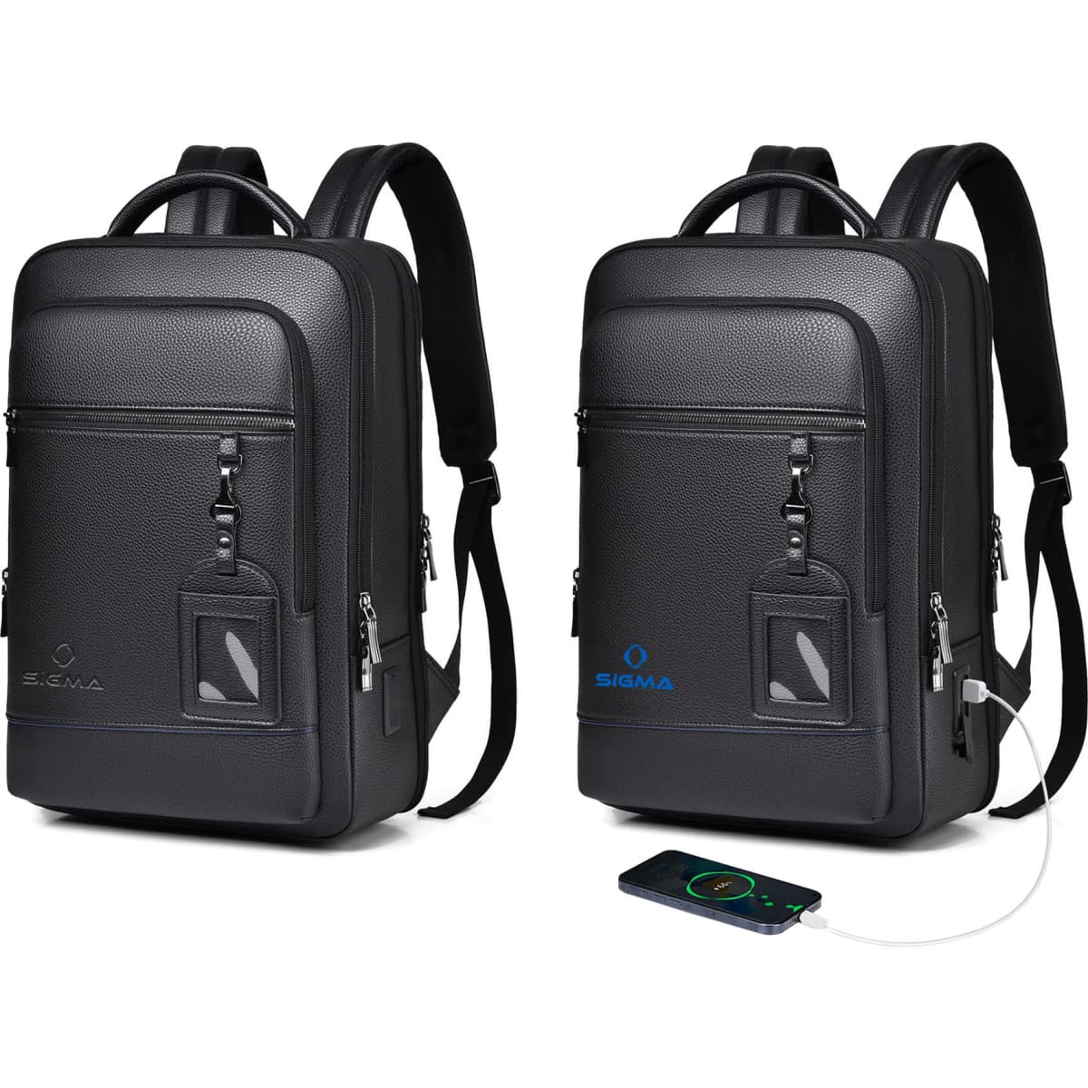 A polyurethane laptop backpack in black with multiple compartments and a logo. Includes a USB charging port.