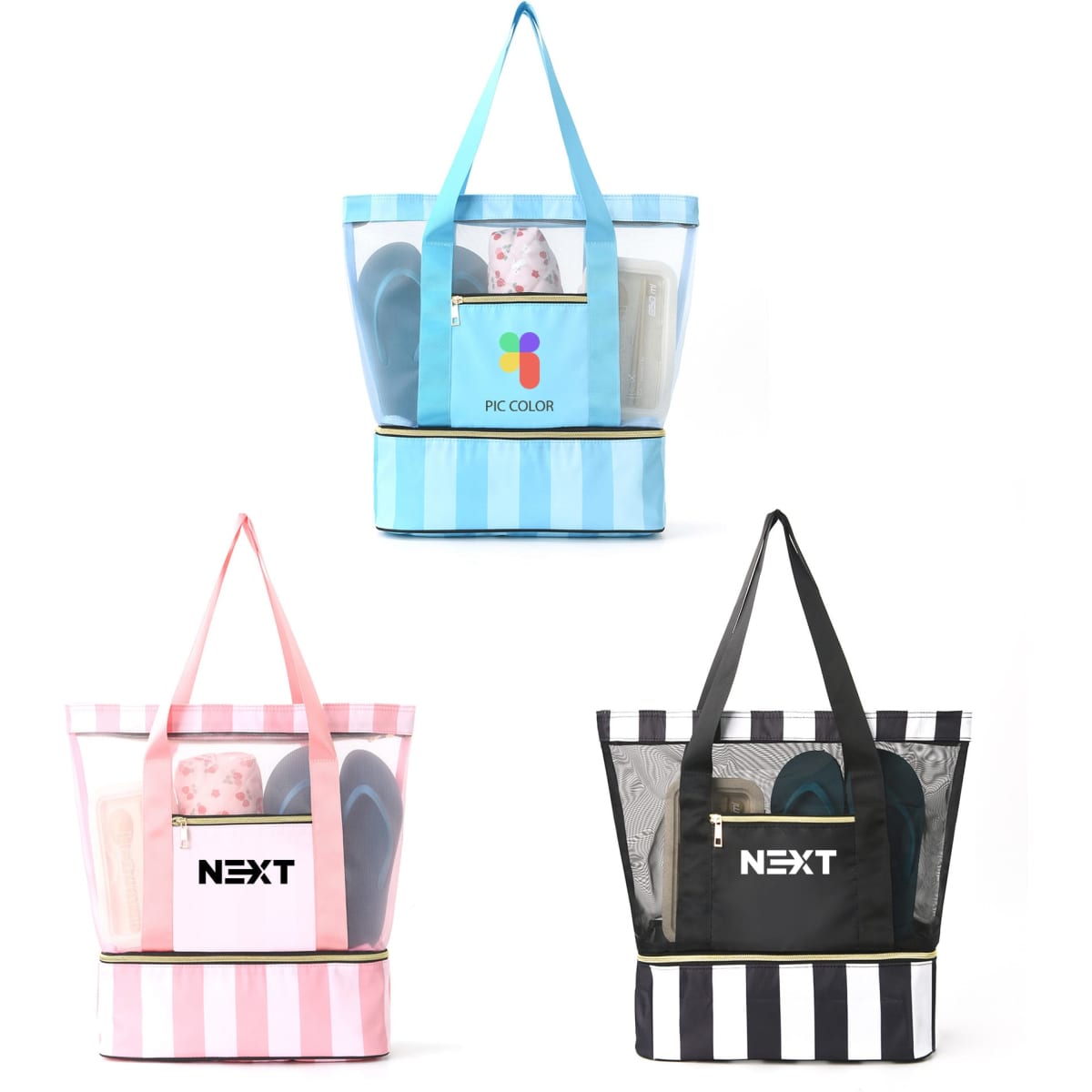 Three mesh beach tote bags in pink striped, black striped, and clear with a logo, featuring visible contents inside.