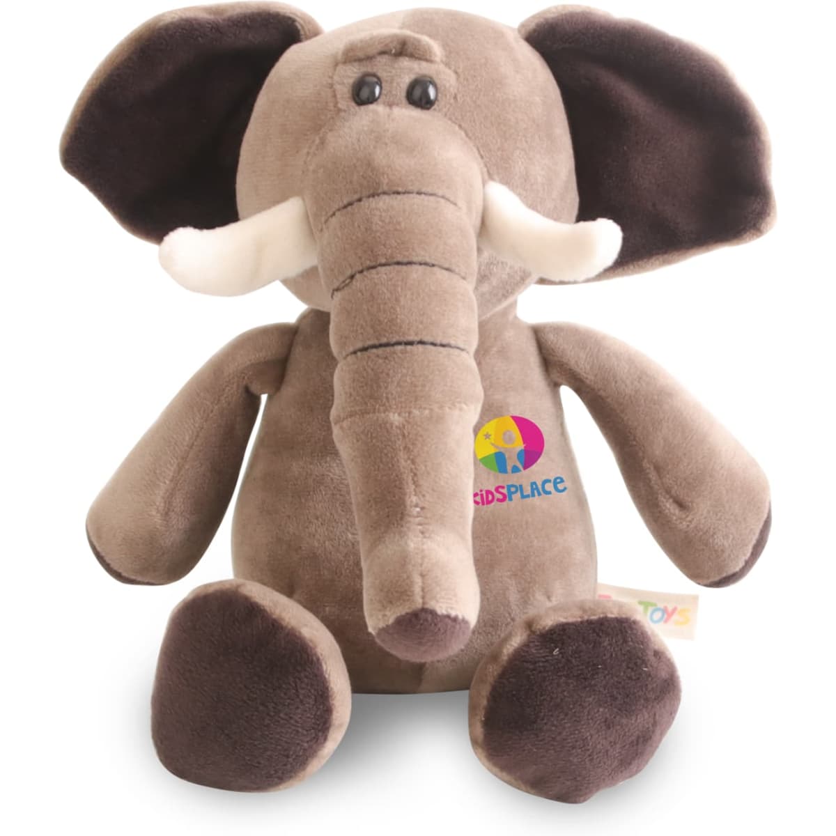 A brown elephant plush toy with large ears and a friendly expression, featuring a small logo on its torso.