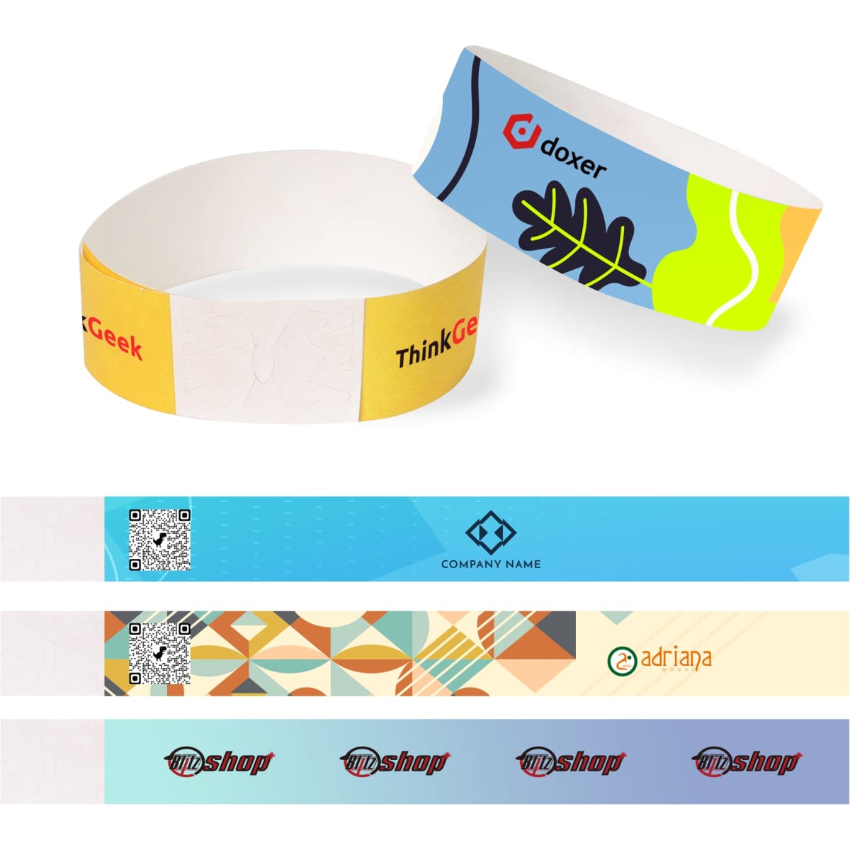 A collection of 25mm wide disposable full colour Tyvek wristbands in various designs and colours, featuring logos.