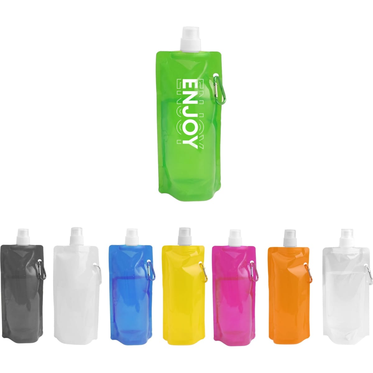 A drink bottle featuring a 480ml collapsible pouch design in green, with additional bottles in grey, white, yellow, pink, and orange.