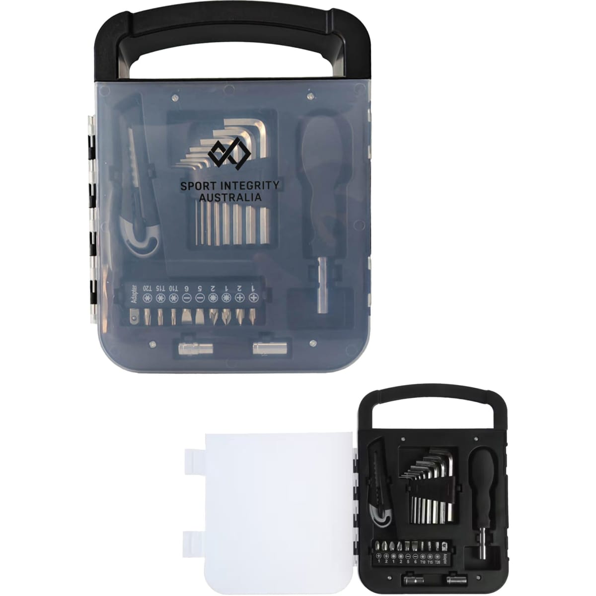 A transparent tool kit with a black handle, containing various screwdrivers and bits, organised neatly inside.