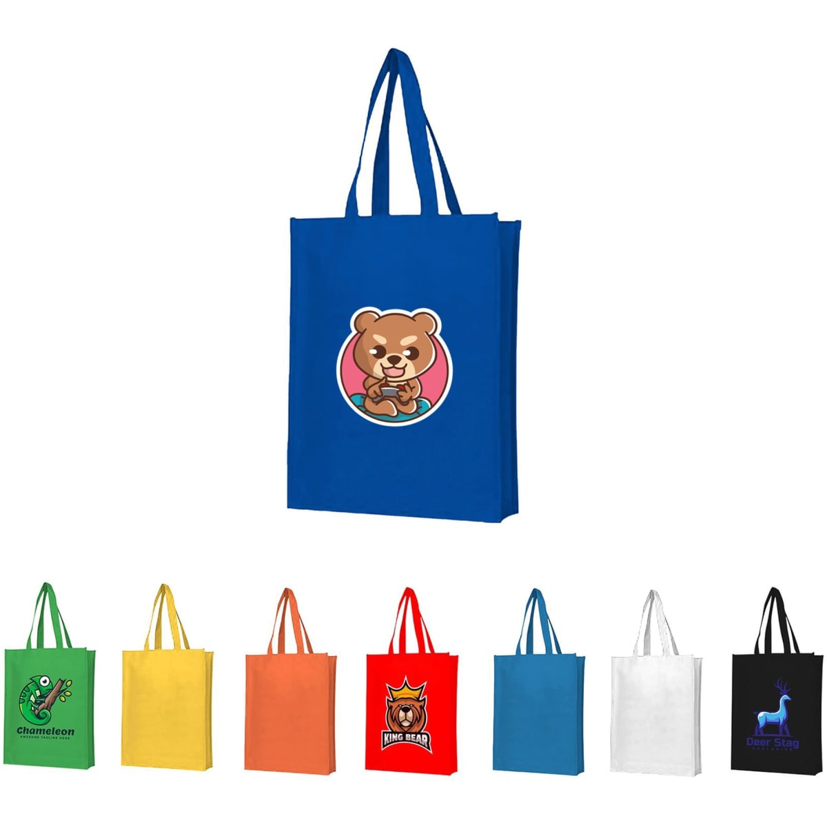 A blue non-woven bag with a large gusset and a logo featuring a bear. Other bags in various colours are displayed below.