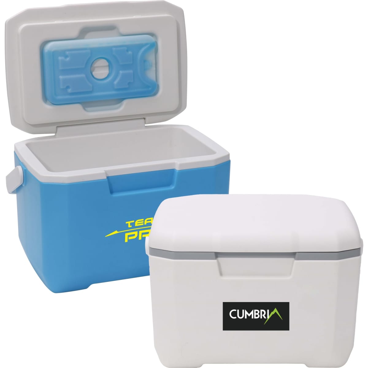 A 6L cooler box in blue and white, featuring a lid and a logo on the front.