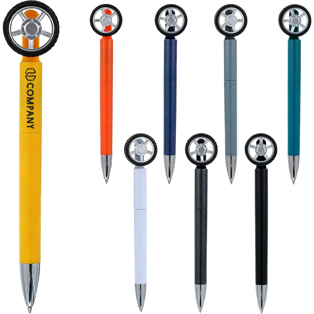 A collection of fidget spin tire-shaped pens in various colours including yellow, orange, blue, grey, black, white, and green.