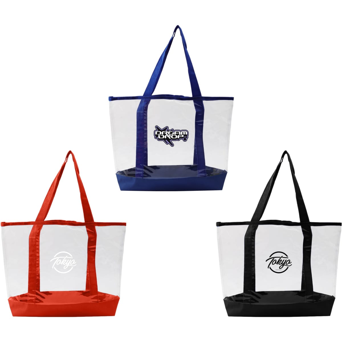 Three transparent handbags in red, navy, and black, each featuring a logo on the front.