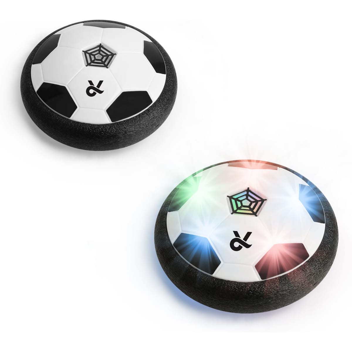 A hover soccer ball set in black and white features a smooth, glowing surface with a logo.