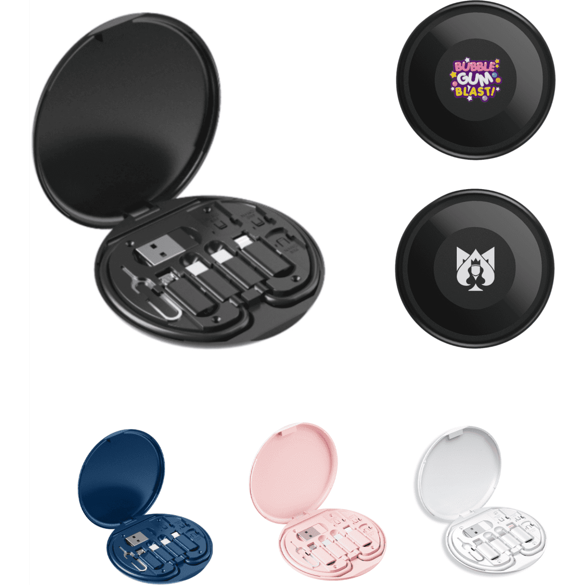 A black circular case containing various cable connectors. Available in multiple colours including navy blue, pink, and white.