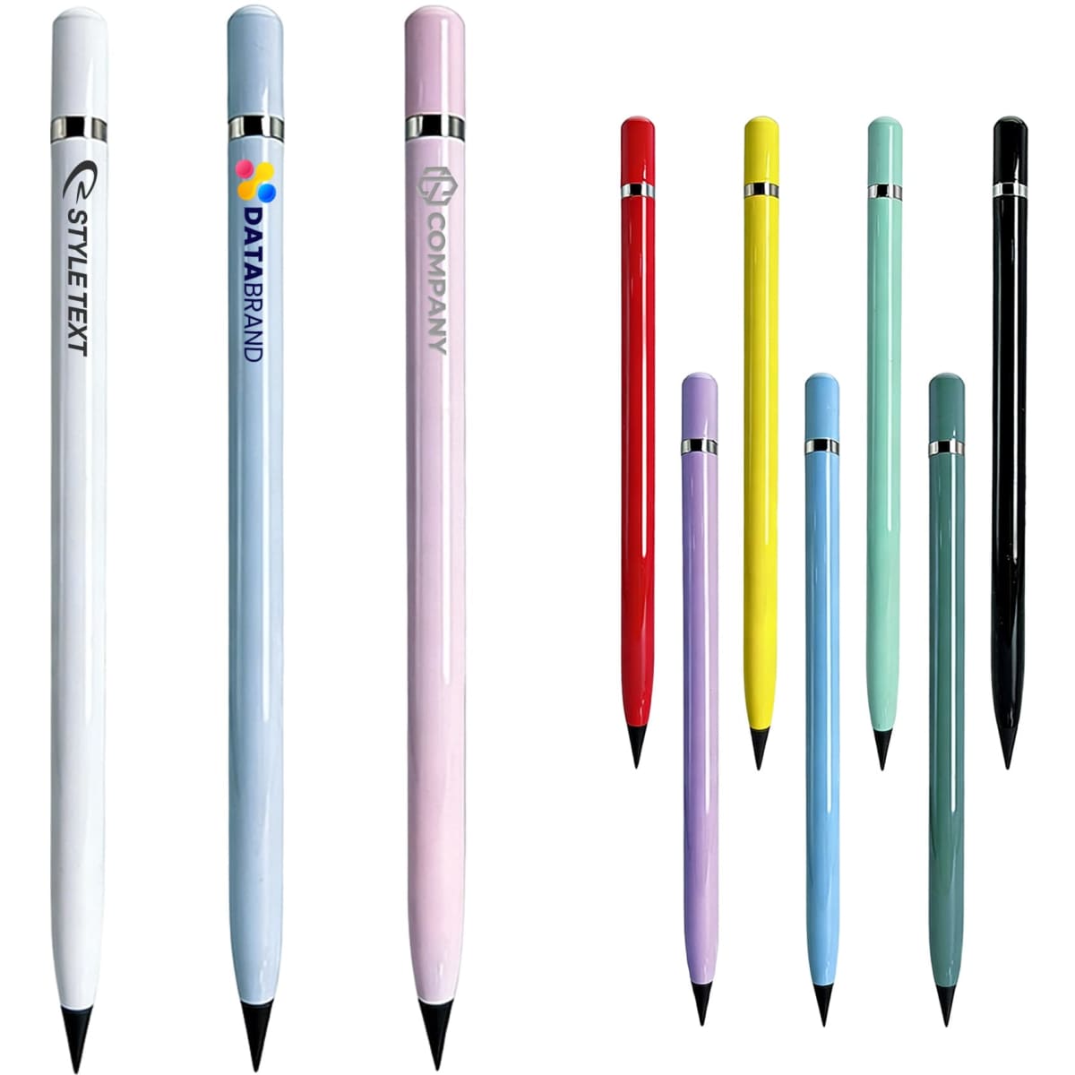 A selection of pencils in various colours including pink, blue, red, green, yellow, purple, and black, with logos.