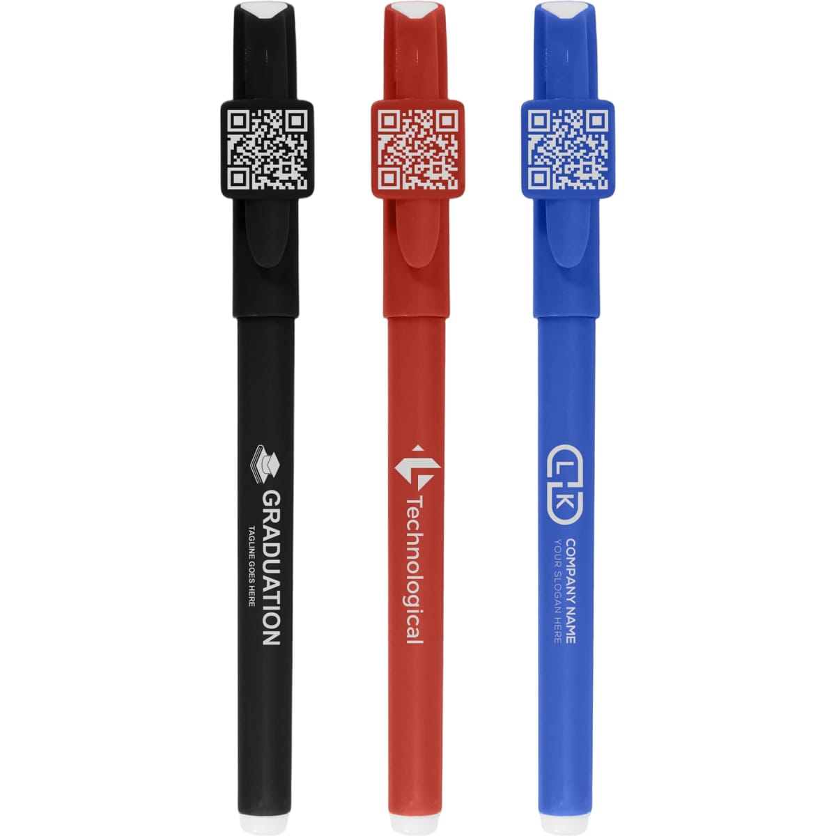 Three pens in black, red, and blue, each featuring a QR code and a design element on the clip.